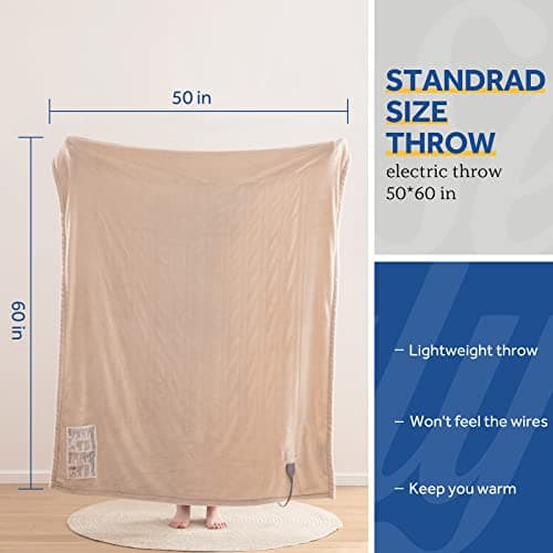 Sealy Electric Blanket Heated Throw, Soft Flannel Heated Blanket with 6 Heating Settings & 2-10 Hours Auto Shut Off, Fast Heating & Machine Washable, 50x60 Inch, Beige 9