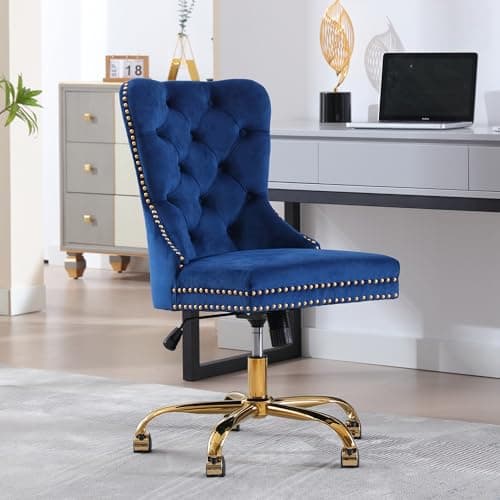 ABET Desk Chair with Wheels, Velvet Gold Office Chair Height Adjustable Armless Swivel Chair with Tufted High Back Rivet Trim, Comfy Upholstered Ergonomic Computer Chair for Bedroom, Blue