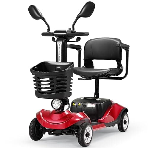 Compact 4 Wheel Mobility Scooter with Display, Foldable Electric Scooter for Seniors and Adults, Heavy Duty Travel Model with Lights, Basket, and Long-Lasting Extended Battery (Red)