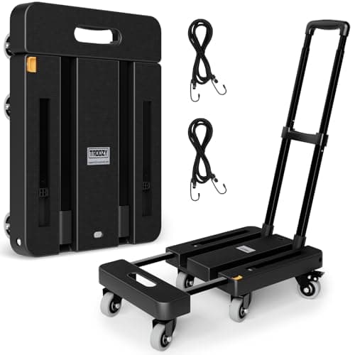 TROOZY Folding Hand Truck, 500 LB Heavy Duty Luggage Cart, Utility Dolly Platform Cart with 6 Wheels & 2 Elastic Ropes for Luggage, Travel, Moving, Shopping, Office Use, Black