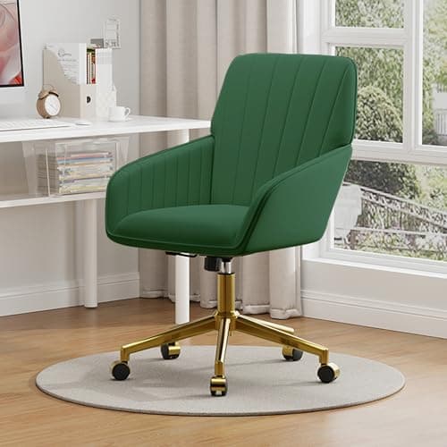 YISHENG Velvet Office Desk Chair with Gold Base, with Wheels,Modern Height Adjustable 360 Degree Swivel Upholstered Vanity Chairs with Arms for Living Room Bedroom,Green 8