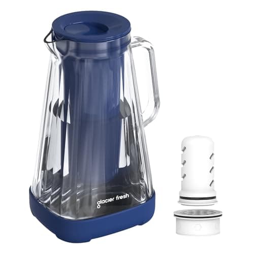GLACIER FRESH 10 Cup Purela Glass Water Pitcher with 1 Ultrafiltration Membrane and Activated Carbon Filter, Reduces 99% Chlorine, PFOA&PFOS, Coliforms, Blue
