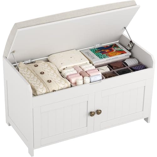 HOMEFORT 30" Shoe Bench with Lift Top Storage, Entryway Bench with Cushioned Seat, Wooden End of Bed Bench, Shoe Cabinet Bench with Hidden Storage Space, for Bedroom, Hallway,White