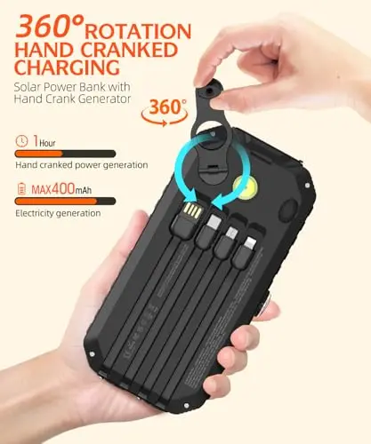 QiSa Solar Charger Power Bank 40000mAh Built in 4 Cables and Hand Crank, Portable Charger 22.5W Fast Charger 6 Outputs & 4 Inputs External Battery Pack with Bright Flashlight and Compass 5