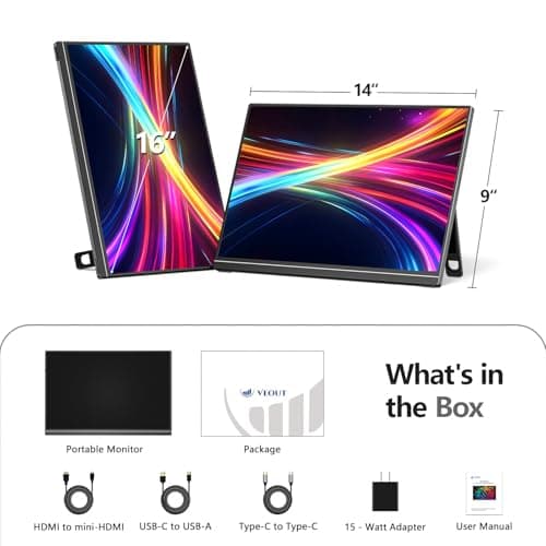 Veout 2.5K Portable Gaming Monitor with 144hz in 4 Colors - V1 Pro, 16inch 2560*1600 IPS Travel External Screen with FreeSync, Dual USB-C & Mini HDMI Second Display for Laptop/MacBook/PS5/Xbox/Switch 8