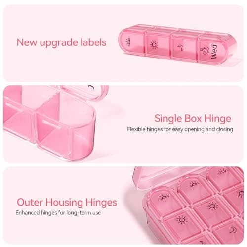 Zoksi Pill Organizer 4 Times a Day, BPA Free Weekly Travel Pill Box，Daily Pill Case with 28 Compartments to Hold Medicine, Vitamin and Supplement(Pink) 6