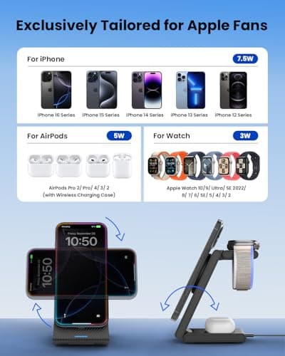3 in 1 Wireless Charging Station, Foldable Magnetic Wireless Charger Stand for Multiple Devices, Wireless Charger for iPhone 16/15/14/13/12, Apple Watch 9/8/7/6/SE/5/4/3/2, AirPods 3/2/Pro 8
