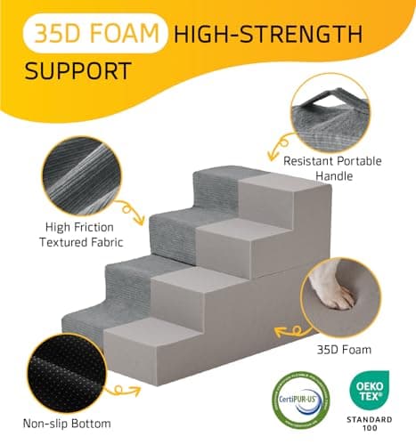 ABCPET Dog Stairs for Bed, Dog Steps for Bed Couch Sofa, 35D Foam Extra Wide Pet Steps for Small Dogs and Cats, Pet Stairs with Non-Slip Bottom Grey, 2 Steps 7