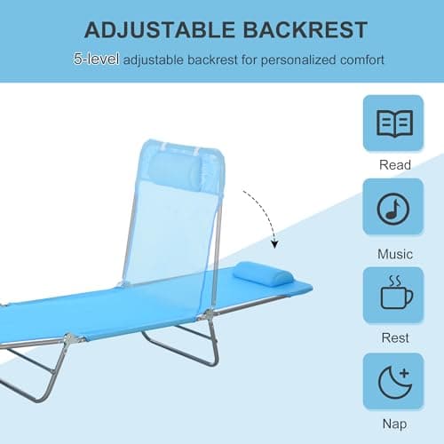 Outsunny Folding Chaise Lounge Pool Chairs, Outdoor Sun Tanning Chairs with Pillow, Reclining Back, Steel Frame & Breathable Mesh for Beach, Yard, Patio, Blue 5