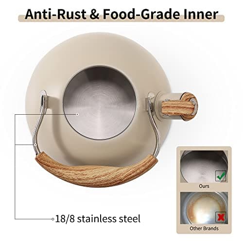 LONFFERY Tea Kettle for Stove Top, 2.5 Quart Whistling Tea Kettle, with Food Grade Stainless Steel and Wood Pattern Folding Handle, Creamy White 5
