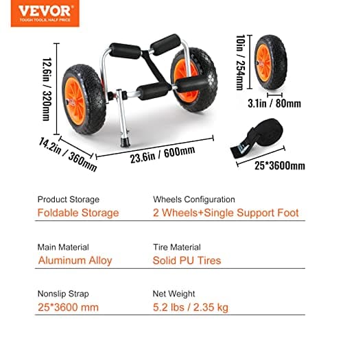 VEVOR Kayak Cart, 250lbs Load Capacity, Foldable Kayak Dolly Aluminum Kayak Wheels with 10'' Solid Tires for Kayaks Carrier Canoes Paddleboard Kayak Trolley Float Mats Jon Boats 7