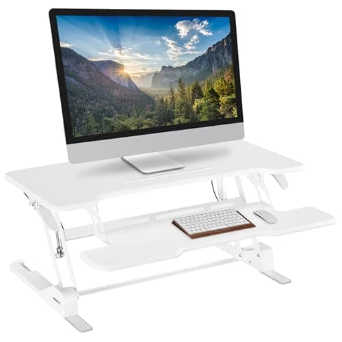 Mount-It! Standing Desk Converter White 38” Wide Height Adjustable Stand Up Desk Riser, Desk Topper with Gas Spring, Desktop Standing Desk with Keyboard Tray Fits Two Monitors