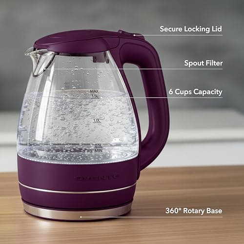 OVENTE Electric Kettle, 1.5L Borosilicate Glass Countertop Water Heater and Boiler for Coffee or Tea, BPA-Free, Auto Shut-Off, Boil-Dry Protection, Removable and Washable Spout Filter, Purple KG83P 5