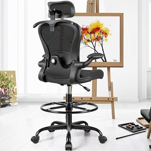 Drafting Chair, Tall Office Chair with 3D Lumbar & Head Support, Ergonomic Mesh Standing Desk Chair with Footring, Comfy Extended High Desk Chair with Flip-Up Arms & Hanger,Black 7