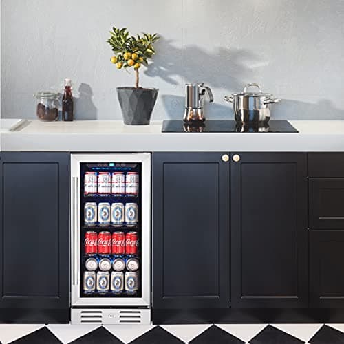 15 Inch Beverage Cooler and Kalamera Refrigerator Under Counter Built-in or Freestanding - 96 Cans Capacity Mini Fridge- for Soda, Water, Beer or Wine - For Kitchen or Bar with Blue Interior Light 6