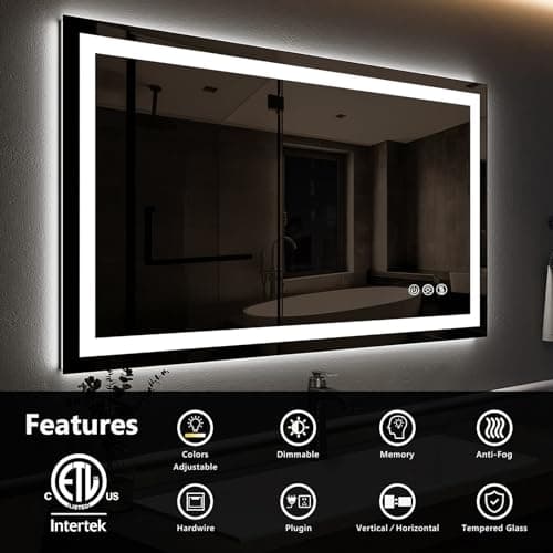 ROOMTEC 48 x 36 Inches LED Bathroom Mirror with Front and Backlit,Anti-Fog,3 Colors and Dimmable Light(Horizontal/Vertical), Silver 5