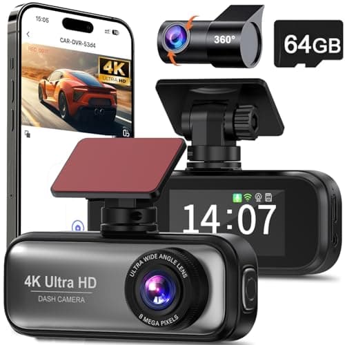 Dash Cam Front and Rear with 64GB Card, 4K+1080P Dual Dash Camera for Cars, Mini Car Camera, APP Control, Built-in Wi-Fi & G-Sensor, 170°Wide Angle, WDR, Night Vision, Loop Recording, Parking Mode