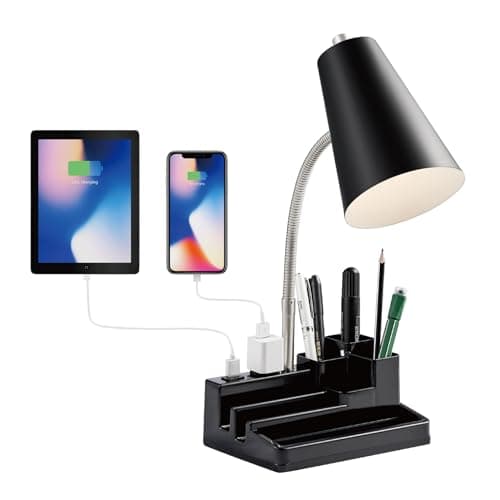 HonoDing E26 Desk Lamp with 1 USB Charging Port and 1 AC Outlet, Organizer Base, Adjustable Neck, On/Off Switch, Modern Table Lamp for Reading, Working, Studying(Black)
