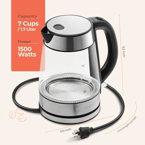 Speed-Boil Electric Kettle For Coffee & Tea - 1.7L Water Boiler 1500W, Borosilicate Glass, Easy Clean Wide Opening, Auto Shut-Off, Cool Touch Handle, LED Light. 360° Rotation, Boil Dry Protection 7