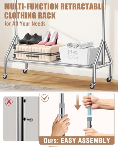 100% Stainless Steel Clothing Rack Load 760LBS, Ultra-Stable Heavy Duty Clothes Rack W/ Reinforced Rubber Ring, Extendable Adjustable Rolling Garment Racks W/ Sturdy Wheel for Portable Hanging Clothes 7