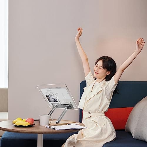 Adjustable Acrylic Book Stand for Reading, Book Holder with Pen Slot, Foldable Desktop Riser for Laptop, Recipe, Textbook - Hands-Free,Cookbook Stand, Clear Design with Page Clips 5