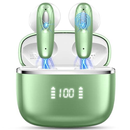 Wireless Earbud, Bluetooth Headphones 5.3 Built in 4 ENC Mic, Stereo Bass Wireless Earphones, 40H Bluetooth Earbud in-Ear Dual LED Display, USB-C, IP7 Waterproof Sports Ear Buds for Android iOS, Green