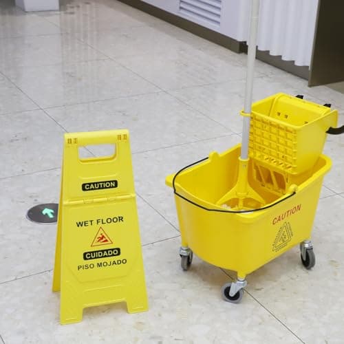 Midoneat Side Press Wringer Combo Commercial Mop Bucket on Wheels, 35 Quart,Yellow, Including Wet Floor Caution Sign（24Inch） and One Industrail Mop 5