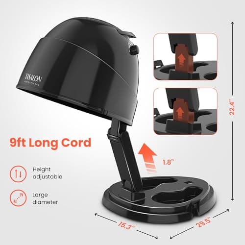 TASALON Portable Hooded Hair Dryer Bonnet, 1875W Height Adjustable Salon Home Hair Dryer with Hood, 3 Heating Settings - Black 3