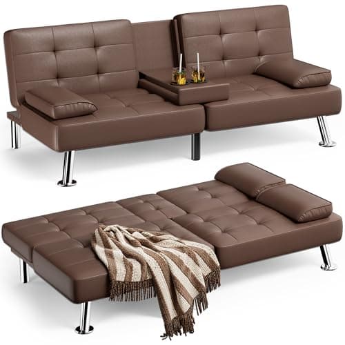 Homall Futon Sofa Bed, Leather Futon Couch with Removable Armrests, Adjustable Recliner Sleeper Sofa Bed with Dual Cup Holders for Living Room, Apartment, Office (Brown)