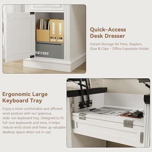 Farmhouse 57" Lift Desktop Executive Desk with 6 Drawers and Charging Station, Wood Home Office Computer Desk with File Cabinet Storage, Keyboard Tray,Headphone hook for Work,Study, Antique White 7