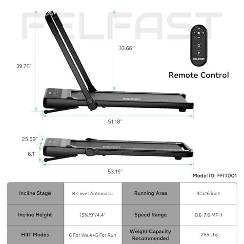 FelFast Walking Pad Treadmill with 15% 9° 8 Level Auto Incline, 2-in-1 Under Desk Foldable w/Remote Control, 12 HIIT Mode, 265 Lbs Max, 7.6 MPH Max, Portable Mini Treadmill for Office Home 8