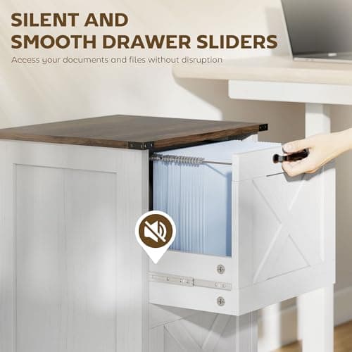 HOMCOM 2 Drawer Vertical File Cabinet with Silent Slides, Rustic Farmhouse Filing Cabinet with Barn Doors for A4/Letter Size, Printer Stand with Storage for Home Office, Distressed White 7