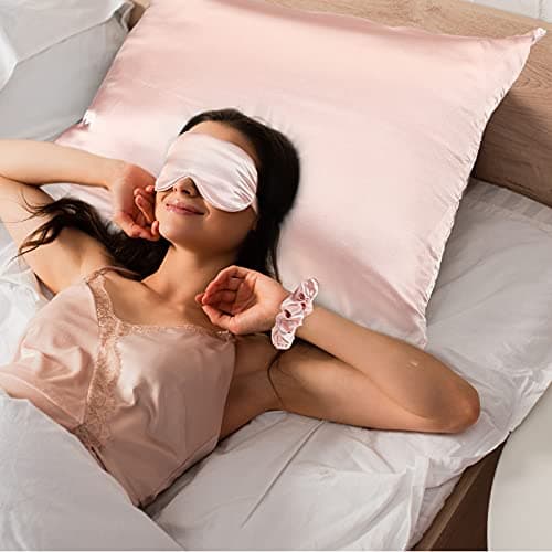 2 Pack Satin Pillowcase with Latent Zipper, Adjustable Satin Eye Mask for Sleeping and Satin Volume Scrunchie for Hair and Skin, Standard Size (Light Pink,Classic Style) 5