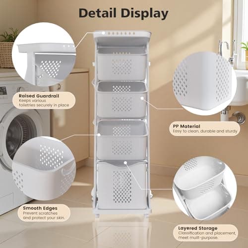 BAOKALER 4-Tier Laundry Hamper Sorter, Vertical Rolling Laundry Baskets with Wheels Removable, Stackable Laundry Cart Organizer and Storage for Small Space, Dorm, Closet, Bathroom 3