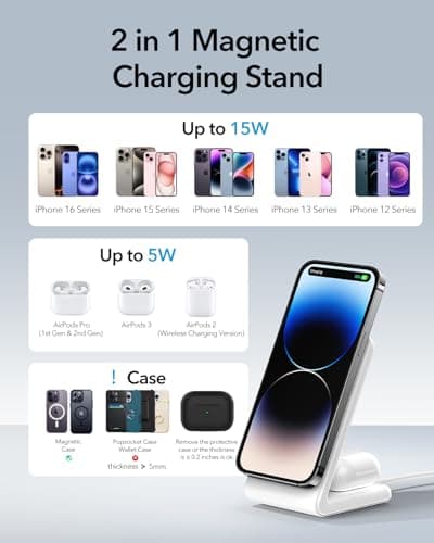2-in-1 for Magsafe-Compatible Charger Stand with PD 20W USB-C Charger Block & Cable, Fast Charging Wireless Charger Designed for iPhone 17 Pro Max/16/15/14/13/12, AirPods 4/3/Pro 3/Pro 2/Pro, White 5