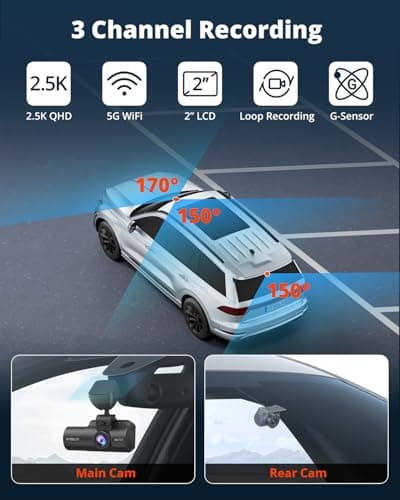 Kingslim 3 Channel 5G WiFi Dash Cam with 64GB Card, 2.5K/1080P Front and Rear Inside Dashcam, 2.5K/1080P/1080P Three Way Dash Camera for Cars Auto IR Night Vision, Loop Recording, APP Control(O3PRO) 6
