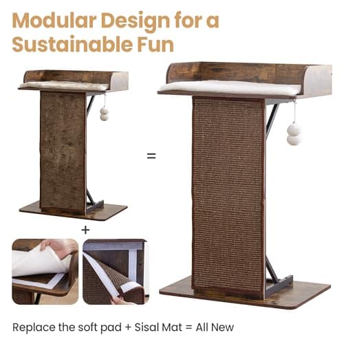 Modern Wood Cat Tree Tower for Indoor Large Cats, 33.8-Inch Tall Wooden Cat Trees with Big Perch Bed, Cat Scratching Pads, Washable Removable Cushions and Scratching Mat, Cat Furniture, Rustic Brown 8