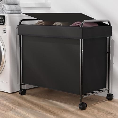 180L Large Laundry Hamper, 3-Section Laundry Basket with Lid, Metal Frame and Removable Bag Design with Wheels, Suitable for Bathroom, Dorm Room, Laundry Room (Black, 180L)