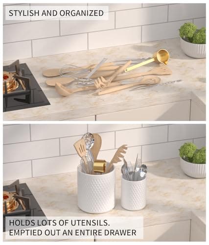 CLTIKACK Ceramic Utensil Caddy, Large Spatula Holder, 6.8 inch Cooking Utensil Holder for Kitchen Counter, Farmhouse Kitchen Decor for Silverware Spoon Crocks 2PCK 6