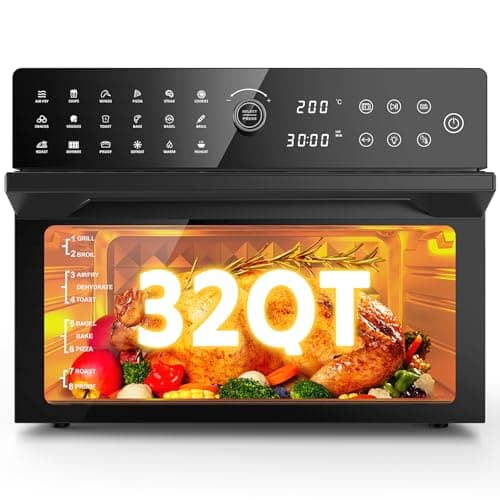 32QT Extra Large Air Fryer, Toaster Oven Air Fryer Combo, 360°Hot Air Circulation for Healthier Food, 1800W Preset Dual Cook, 13"Pizza Cooking, 20-in-1 Double-Rack Oven, 7-Accessory, Transparent Door