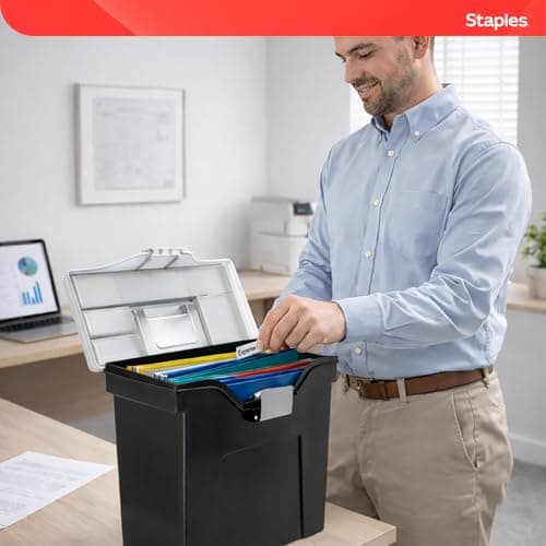 STAPLES File Box - Portable Storage Organizer, Letter Size, Black with Lift-Off Lid & Easy-Grip Handle 7