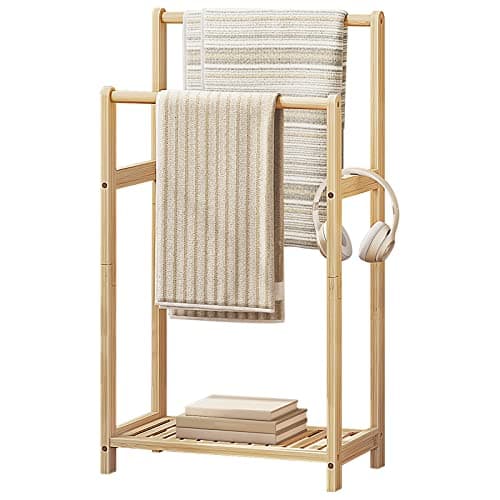 HOOBRO Freestanding Towel Rack for Bathroom, 2 Tier Decorative Bamboo Blanket Rack, Quilt Display Stand with Storage Shelf, 16.5" L x 9.4" W x 30.5" H, Bedroom, Living Room, Natural Color YL02LB01 8