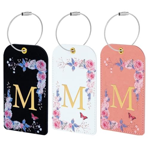 3 Pack Luxury Floral Luggage Tags, Durable PU Leather Suitcase Tags with Stainless Steel Cable Strap, Hidden ID Slot for Privacy Protection, Easy to Identify Waterproof Travel Accessories Gift (M)