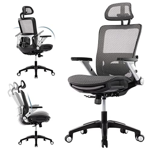 COLAMY Ergonomic Mesh Office Chair with Footrest, High Back Computer Executive Desk Chair with Headrest and 4D Flip-up Armrests, Adjustable Tilt Lock and Lumbar Support-Grey