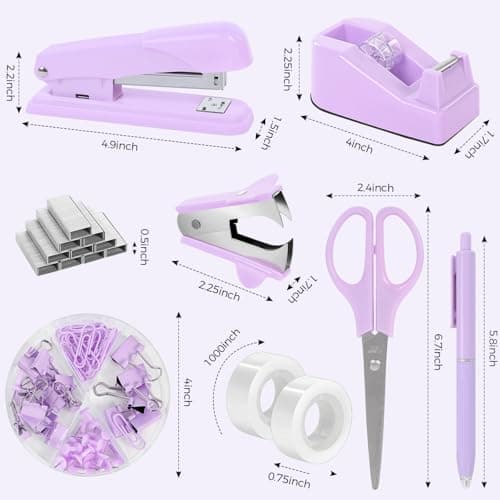 SKYDUE Purple Desk Accessories, Purple Office Supplies Set, Stapler, Tape Dispenser, Scissors, Binder/Paper Clips and 1000pcs Staples,Office Supplies for Women 6