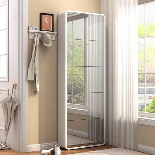 Slim Mirror Shoe Cabinet for Entryway, Narrow Freestanding Shoe Rack with Flip Drawers and Full-Length Mirror, Wood Shoe Storage Organizer for Living Room, Hallway, Closet, and Apartment, White.