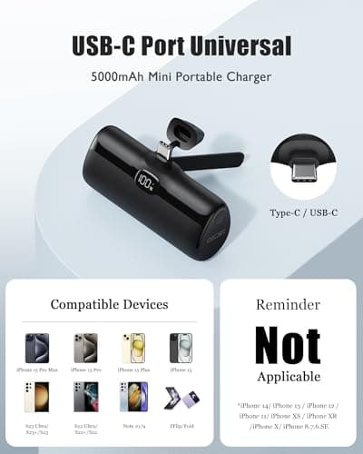 Qecvec Small Portable Charger, 5000mAh Mini Power Bank, 20W PD Bidirectional Fast Charging Compact, Travel Essentials Compatible with Mini Portable Charger iPhone for iPhone 15/16/Pro, Samsung 5