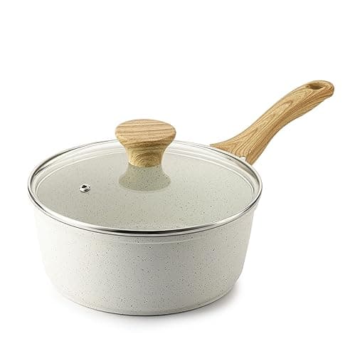 SENSARTE White Ceramic Nonstick Saucepan with Lid 2.5 Quarts, Medium Cooking Pot with Stay Cool Handle, Induction Compatible Saucepot, White Granite Coating, Free of Intentionally Added PTFE/PFOA/PFAS