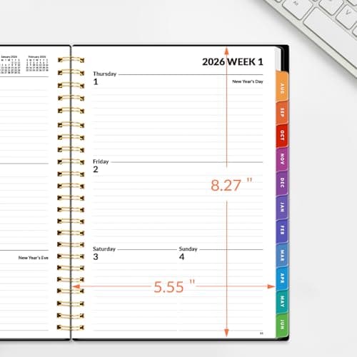 SUNEE 2026 Weekly and Monthly Planner - from January 2026 - December 2026, Daily Agenda Planner with Monthly Tab, Flexible Cover, Note Pages, Pockets, Bookmark, Spiral Binding, Black, 6.4" x 8.3" 8