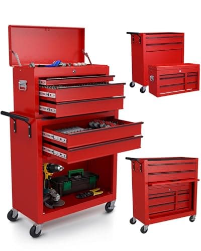 Tool Chest Cart, Tool Chests & Cabinets Cart with Wheels and Locking System, 2-in-1 Detachable Top Tool Box, Thickening Metal Tool Box for Garage, Workshop, Barbershop (Burgundy, 5 Drawers)